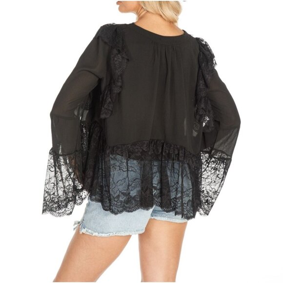 Women's Long Bell Sleeve V-Neck High-Low Lace Blouse Black - Picture 2 of 11
